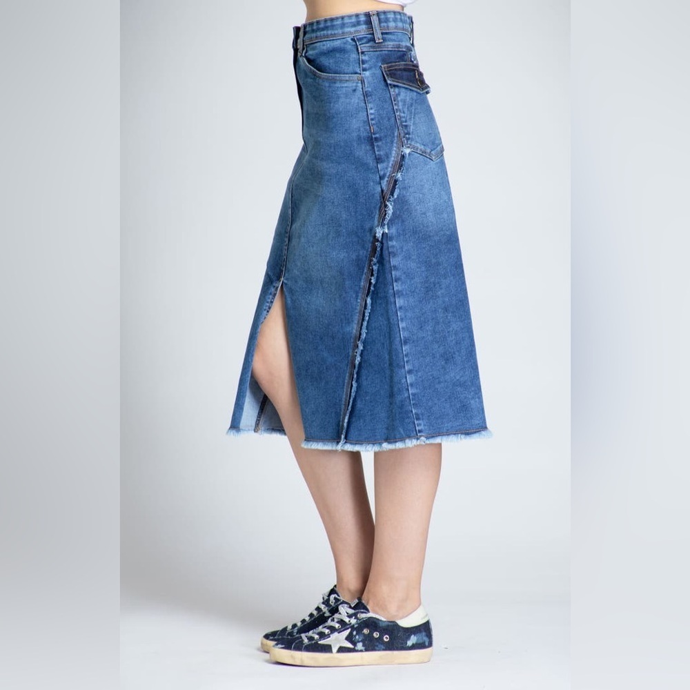 APNY • Fray Hem A-Line Denim Midi Pencil Skirt - Picture 4 of 15